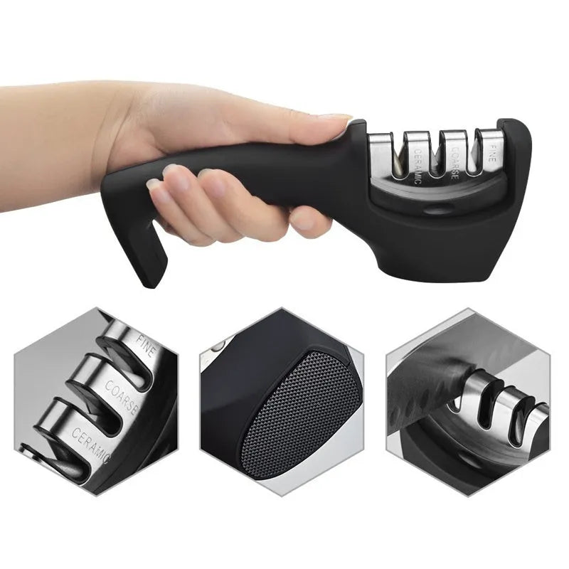 Three-level knife sharpener with three slots, anti-slip rubber feet, and ABS body in black – 20.5x6x7.5cm
