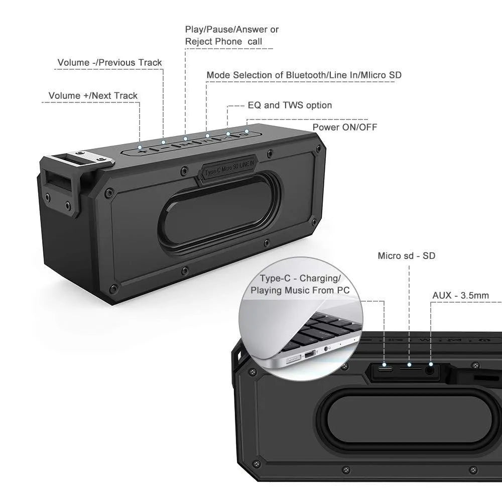 Outdoor waterproof portable 40W Bluetooth speaker in black with climbing rope attached
