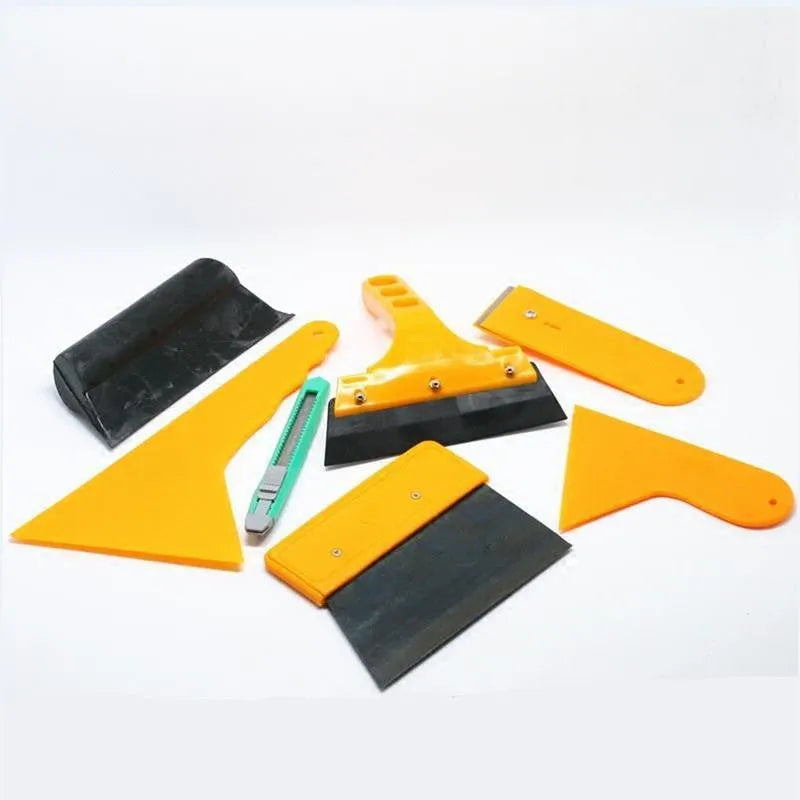 Seven-piece car foil tool set with scrapers, knives, and film installation tools