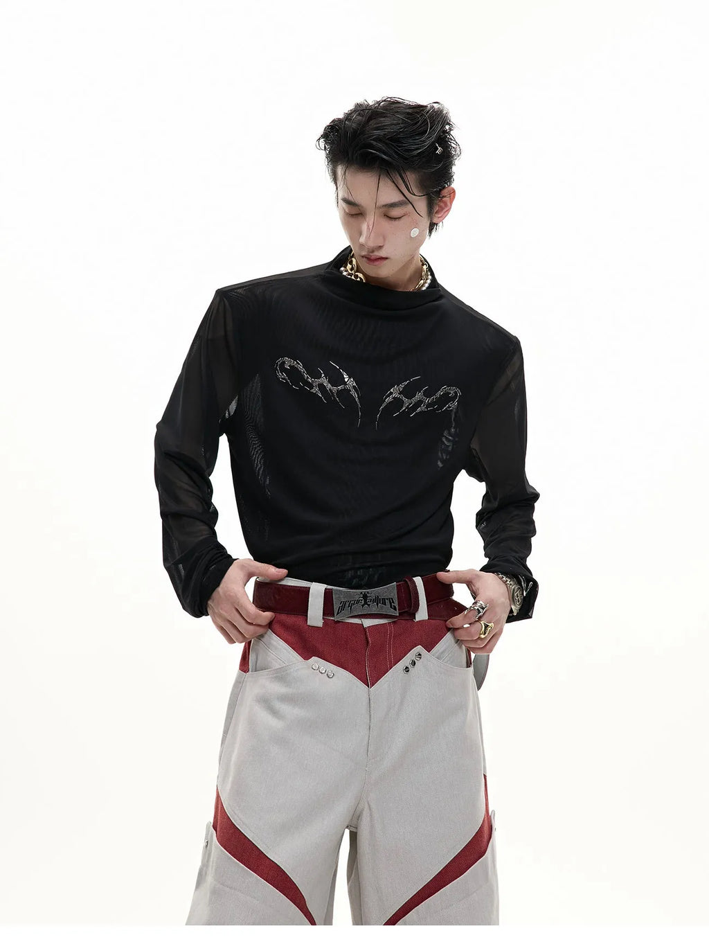 Niche Mesh slim fit long sleeve shirt in black or white, made from polyester and spandex fabric.