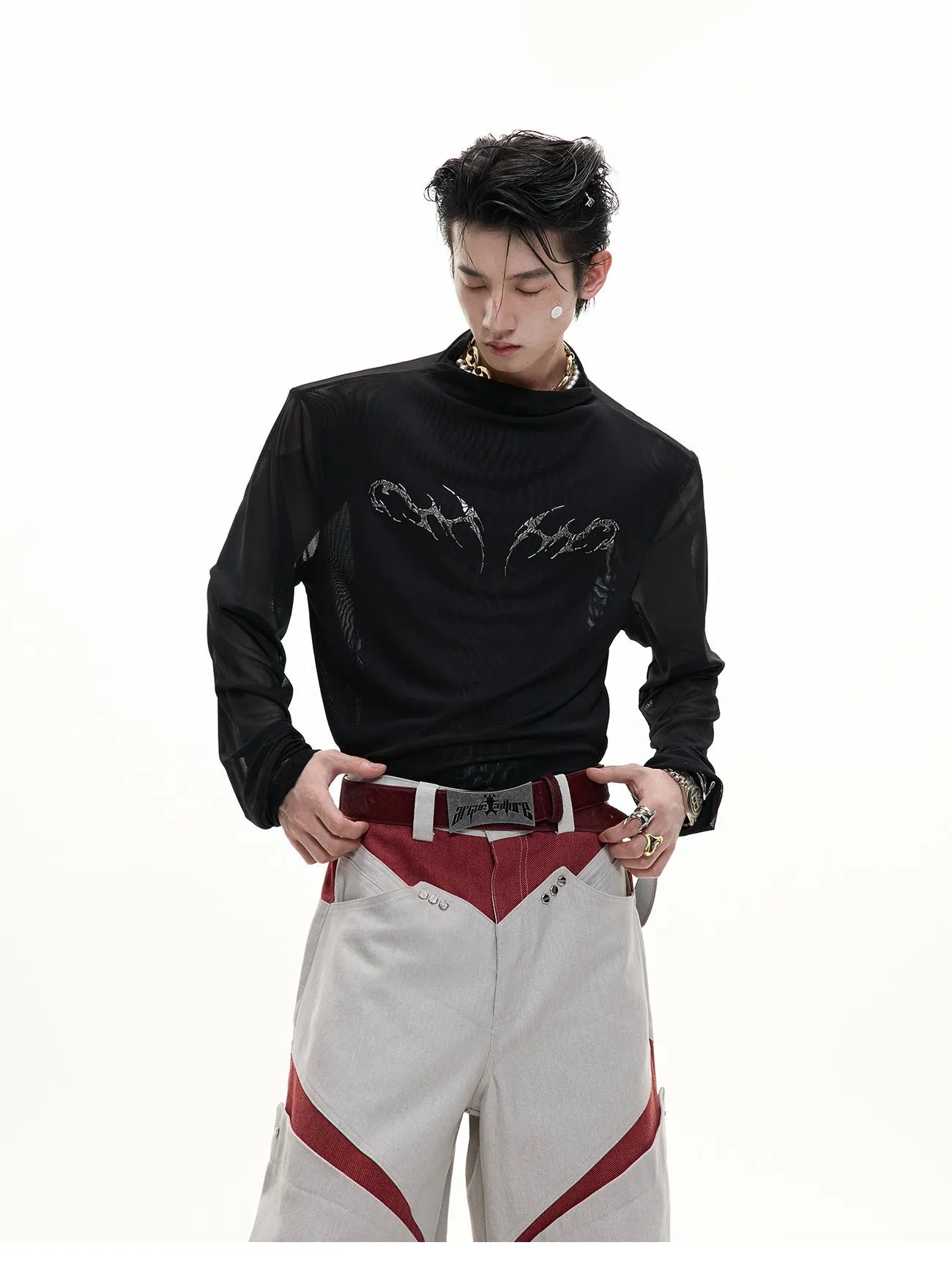 Niche Mesh slim fit long sleeve shirt in black or white, made from polyester and spandex fabric.