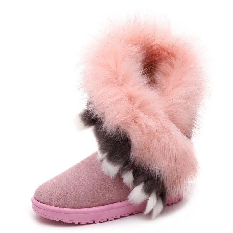 Women's winter snow boots with thick fluffy fox fur trim, non-slip rubber sole, and waterproof suede upper in colour options including black and green.