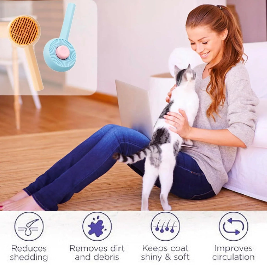 Blue and yellow pet grooming brush with self-cleaning button and angled needles