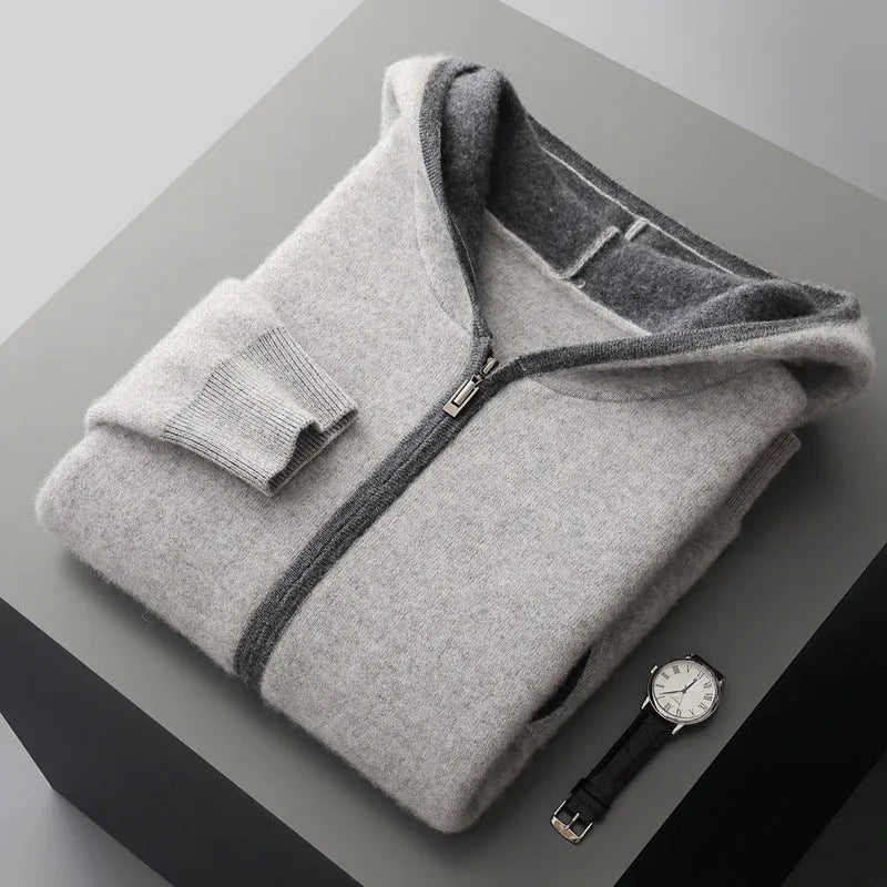 Casual zip-up hooded cashmere cardigan sweater in light gray, loose fit, thickened knit, youth styling