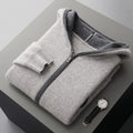 Casual zip-up hooded cashmere cardigan sweater in light gray, loose fit, thickened knit, youth styling