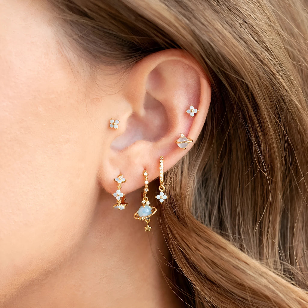 Japanese Korean style floral stud earrings with zircon detailing in gold or silver finish