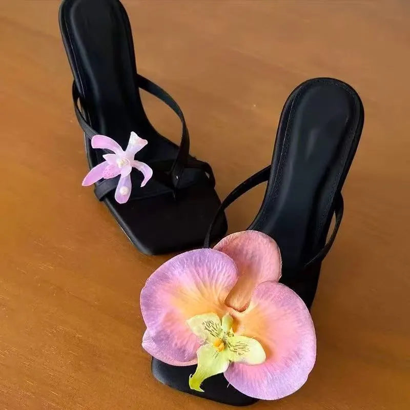 Handmade asymmetric flower sandals for women, high heel semi-slipper, calf leather square toe, available in green