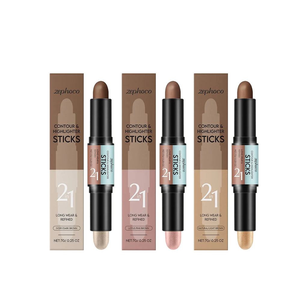 2-in-1 outline highlighter dual-ended contour stick 7g in four colour shades on white background