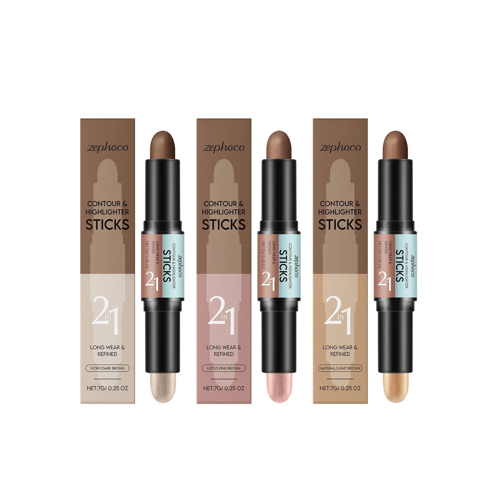 2-in-1 outline highlighter dual-ended contour stick 7g in four colour shades on white background