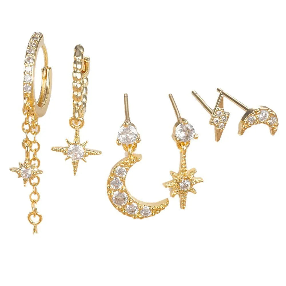 XINGX Six Mans gold electroplated chain tassel earrings six-piece set with zircon studs