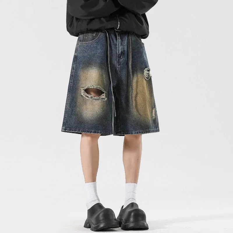 American High Street make old ripped jeans in retro blue cotton denim, loose fit, street style, seven sizes S to 3XL