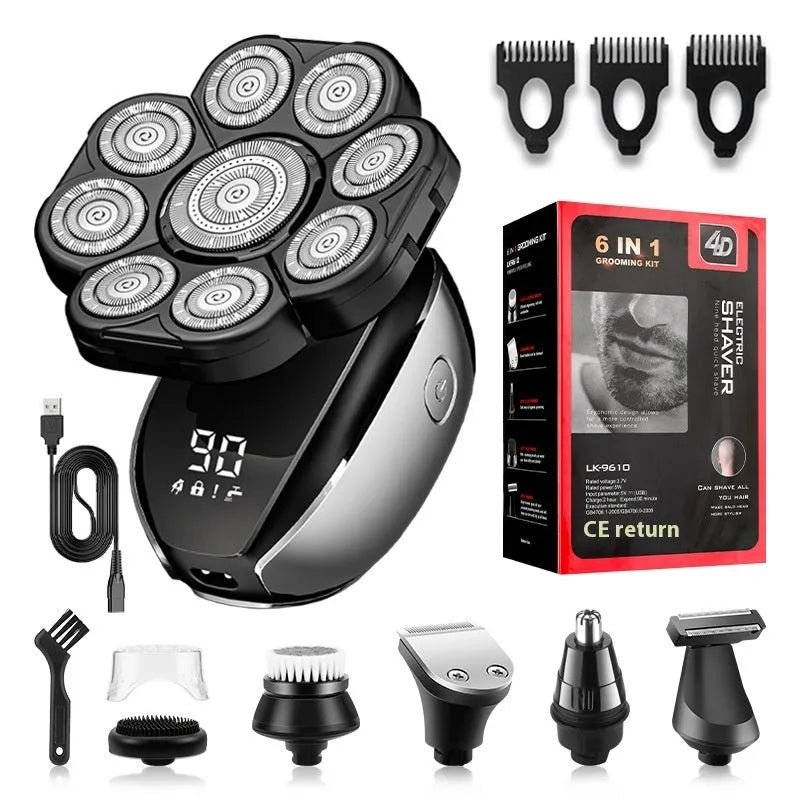 Black 6-in-1 multifunctional hair clipper set with attachments including shaver, trimmer, and combs