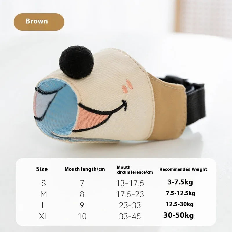Canvas dog muzzle in Ollie brown bear pattern shown in S, M, L, and XL sizes for bite prevention.