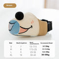 Canvas dog muzzle in Ollie brown bear pattern shown in S, M, L, and XL sizes for bite prevention.