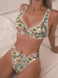 Women's printed steel bracket push-up bikini with tie-side high-waist briefs in European and American style