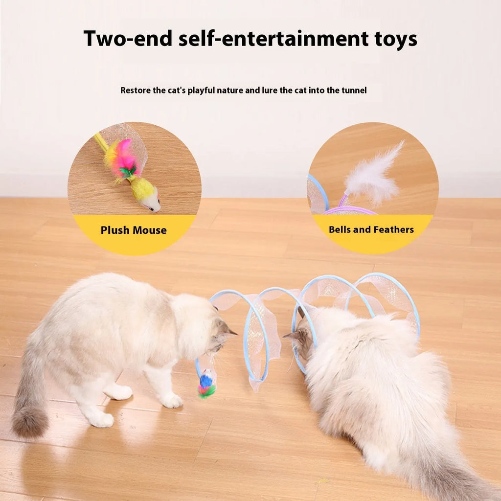 Steel frame cat tunnel toy with colourful feather attachments inside elastic net channel