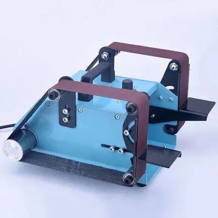 Blue desktop dual-axis belt sander with 40x680mm abrasive belt and knife sharpening tool