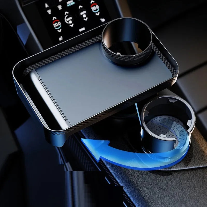 Black car cup holder with rotating dinner tray plate showing 360-degree swivel mechanism