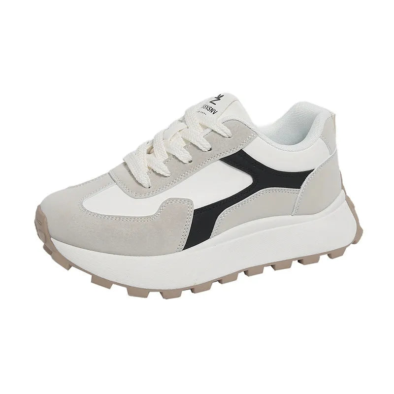 Women's low-top lace-up platform sneakers in three colours with a rubber sole and mesh lining.