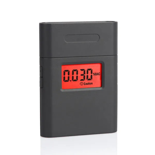 At-838 black portable respiratory alcohol detector showing BAC display, powered by AAA batteries