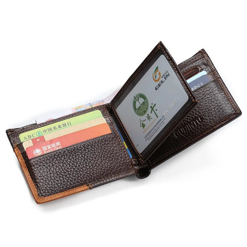 Cowhide leather wallet with personality stitching, horizontal square shape, and multiple internal compartments