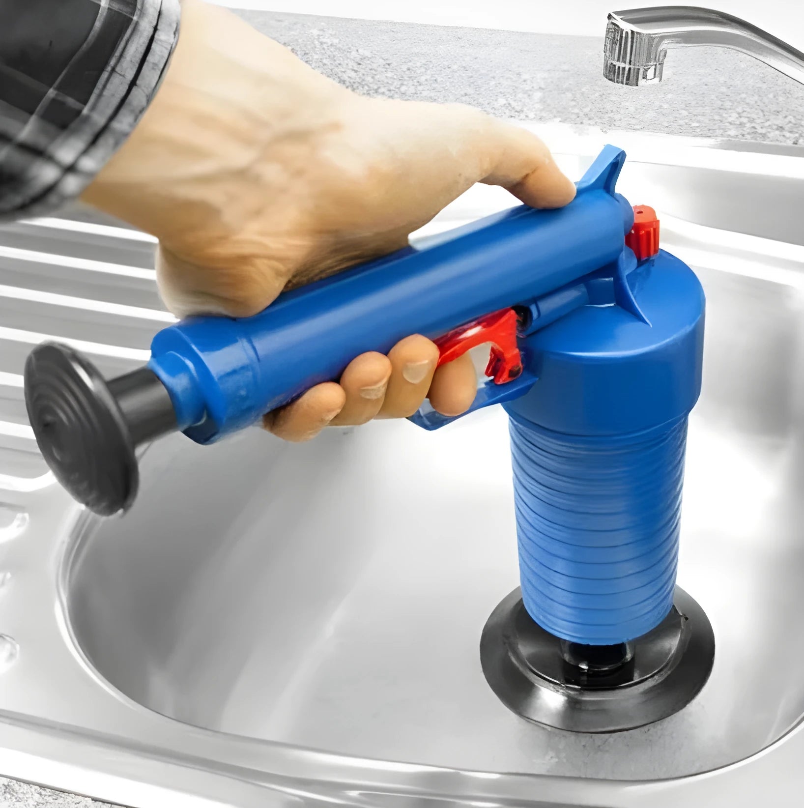 Air Power Drain Blaster Gun with four adaptors for hard pipes, plastic body 28x27.5cm