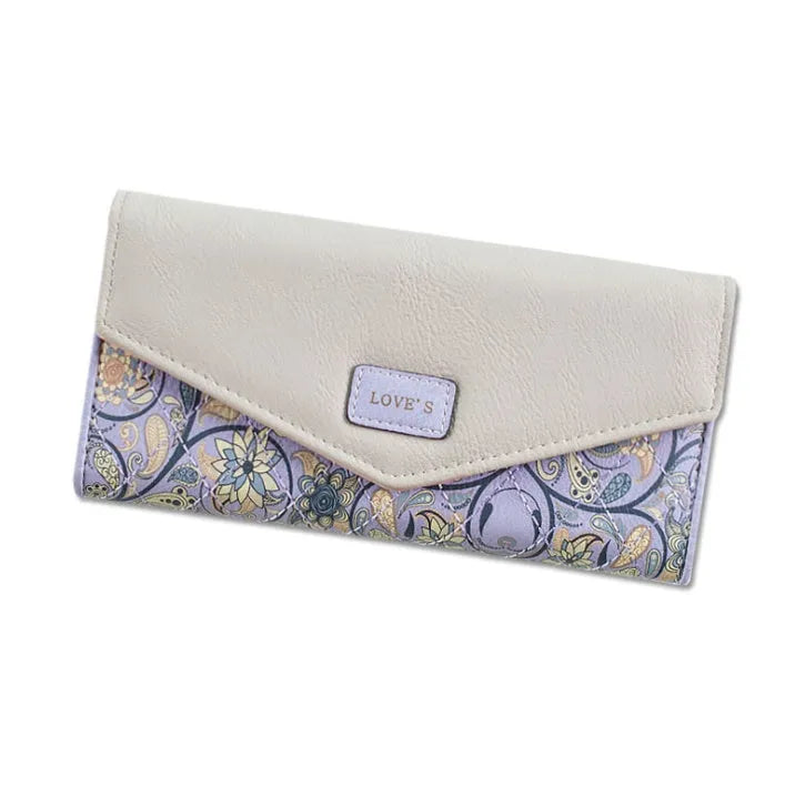 Women's three-fold buckle wallet in PU leather showing interior compartments and measuring 19.5cm by 10cm