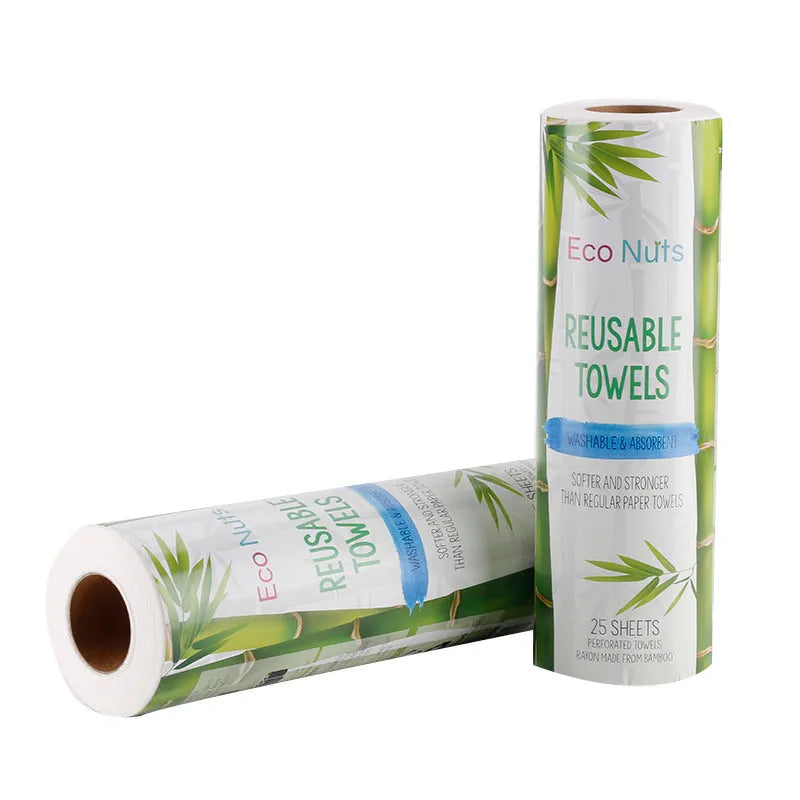 Reusable bamboo kitchen paper towel roll on countertop, absorbent and washable cloth alternative to disposable towels