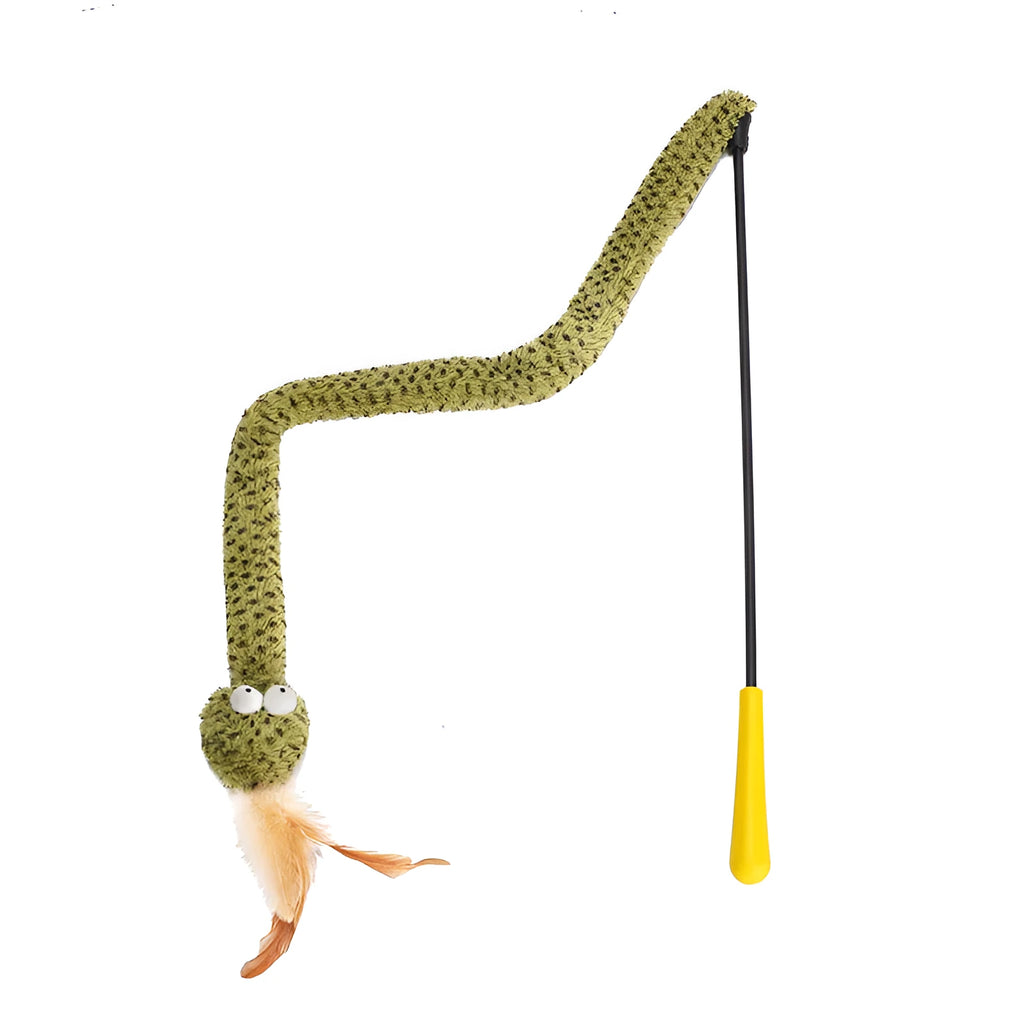 Green snake cat teasing stick toy with feather lure on 140cm pole