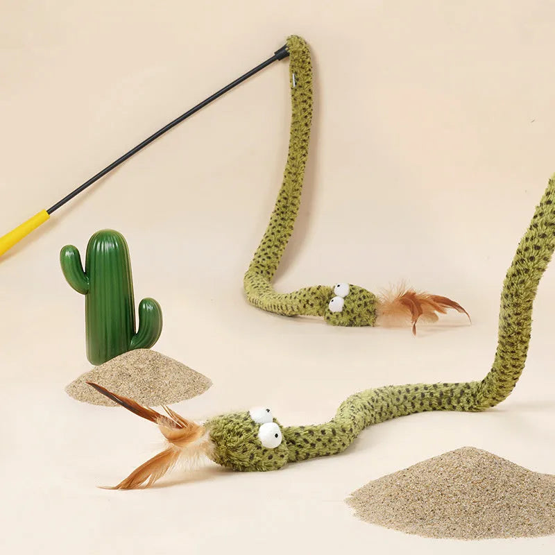 Green snake cat teasing stick toy with feather lure on 140cm pole