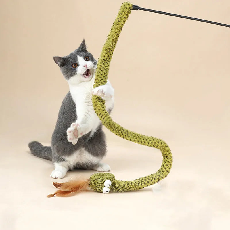 Green snake cat teasing stick toy with feather lure on 140cm pole