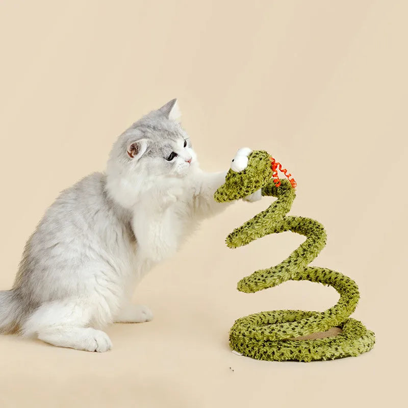 Green snake cat teasing stick toy with feather lure on 140cm pole