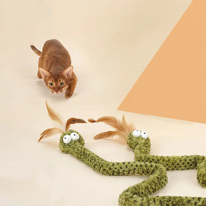 Green snake cat teasing stick toy with feather lure on 140cm pole