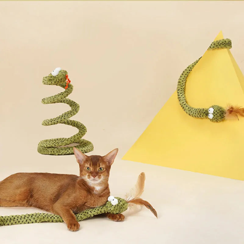 Green snake cat teasing stick toy with feather lure on 140cm pole