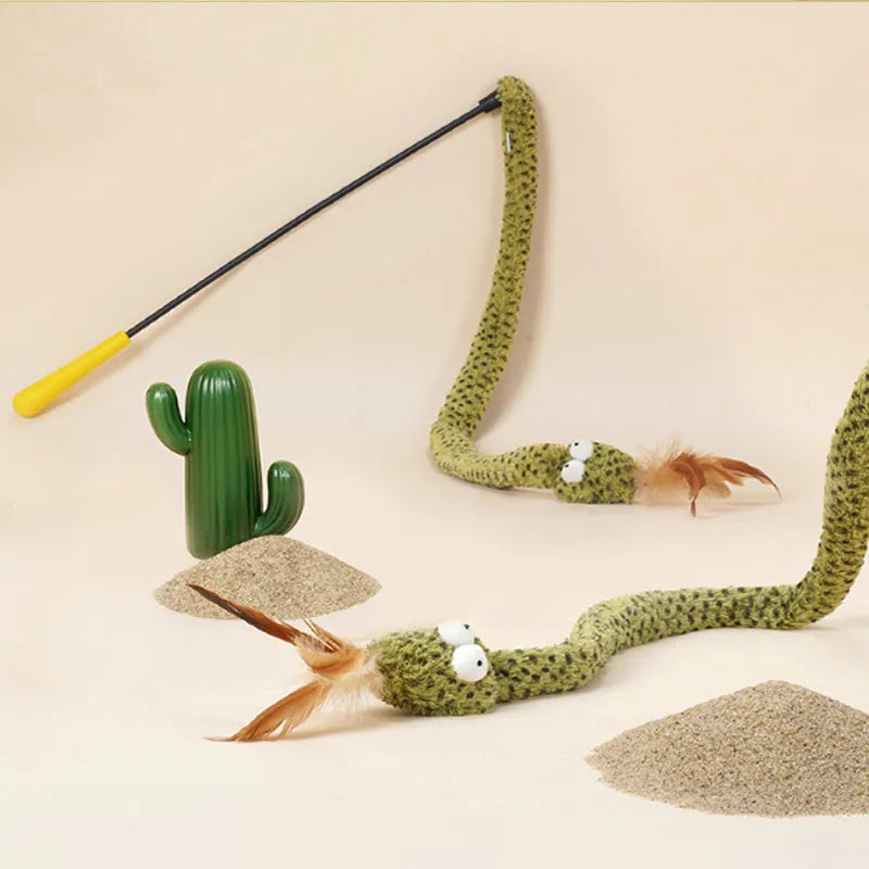 Green snake cat teasing stick toy with feather lure on 140cm pole