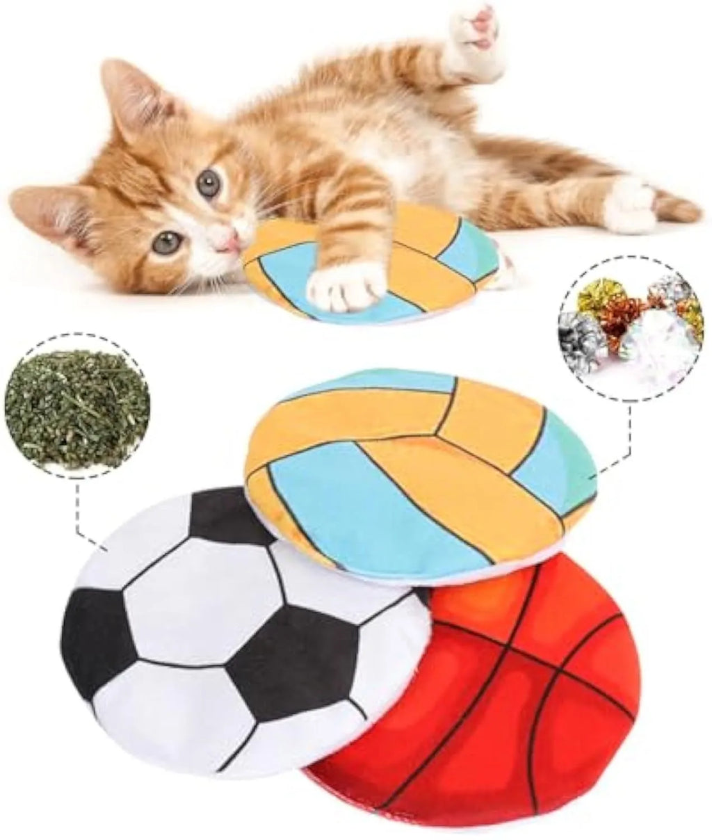 Soft plush cat toy in sports ball design, shaped as a flat flying disc with catnip and crinkle sound inside.