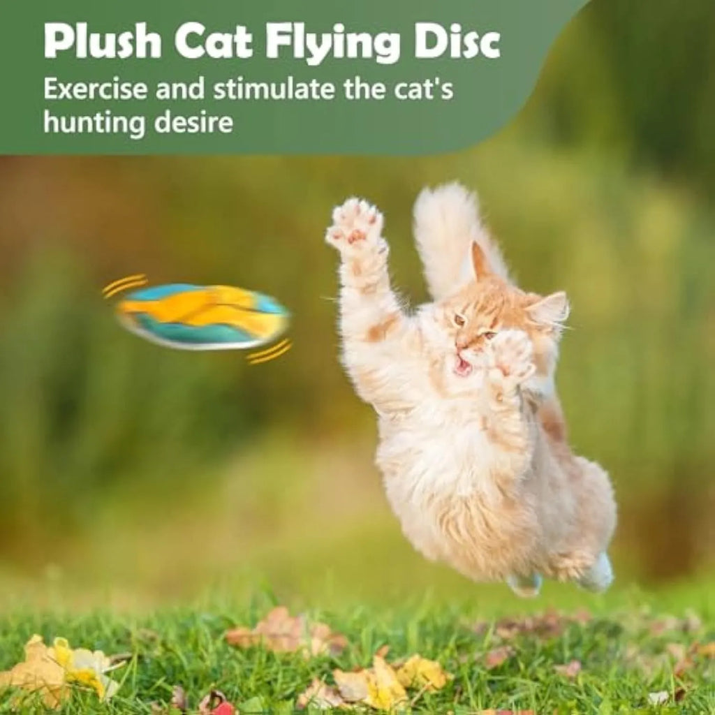 Soft plush cat toy in sports ball design, shaped as a flat flying disc with catnip and crinkle sound inside.