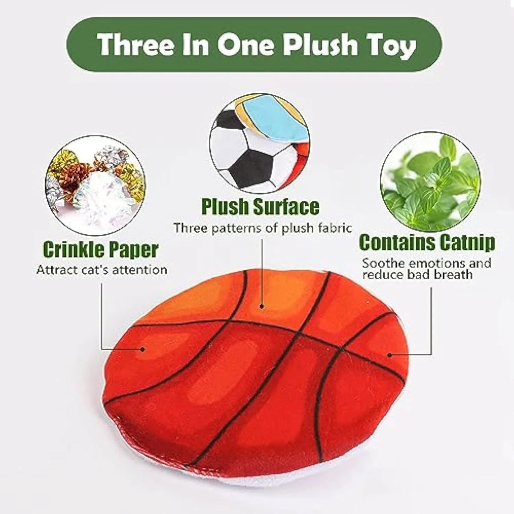 Soft plush cat toy in sports ball design, shaped as a flat flying disc with catnip and crinkle sound inside.
