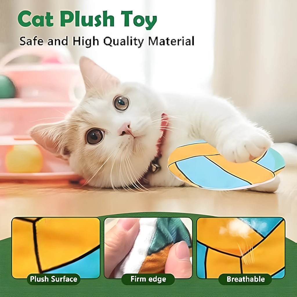 Soft plush cat toy in sports ball design, shaped as a flat flying disc with catnip and crinkle sound inside.