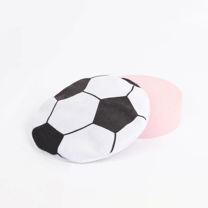 Soft plush cat toy in sports ball design, shaped as a flat flying disc with catnip and crinkle sound inside.