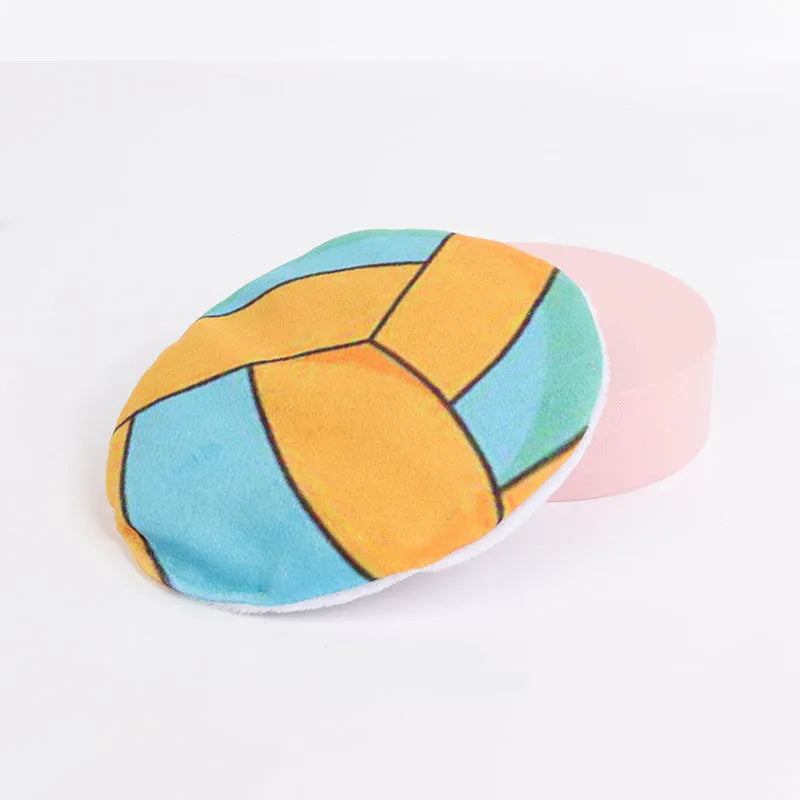 Soft plush cat toy in sports ball design, shaped as a flat flying disc with catnip and crinkle sound inside.