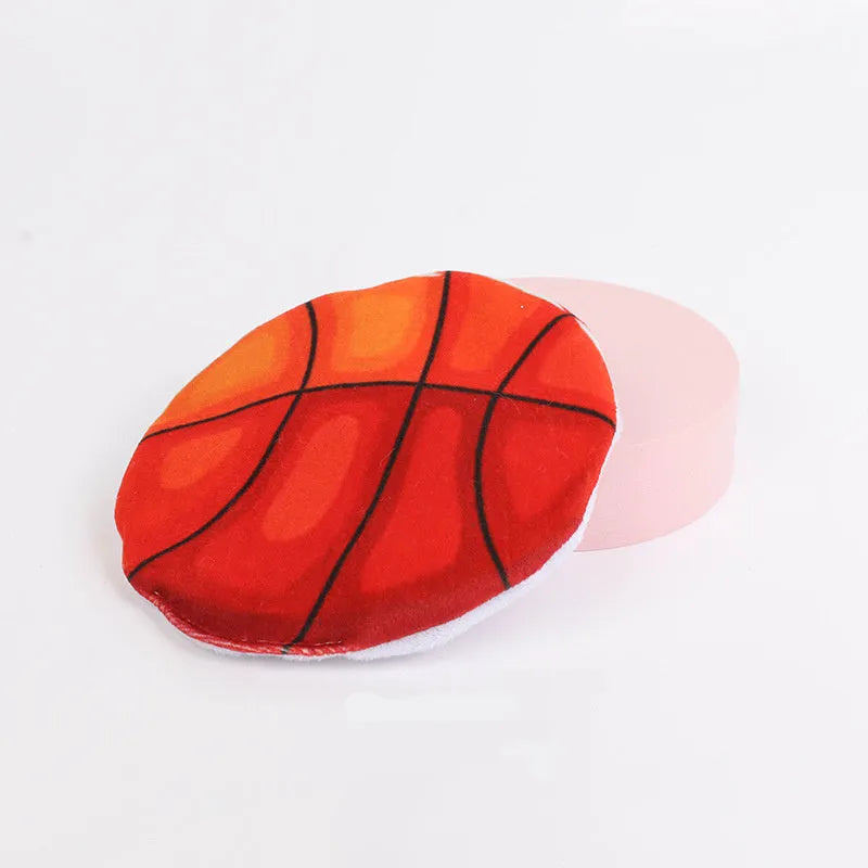 Soft plush cat toy in sports ball design, shaped as a flat flying disc with catnip and crinkle sound inside.