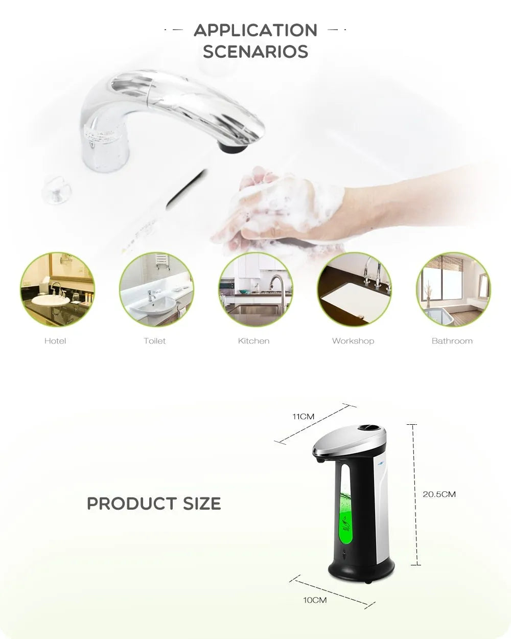 Automatic touchless soap dispenser with black plastic body and sensor nozzle on a countertop