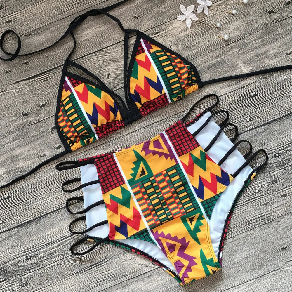 Women's high-waist bikini swimsuit with digital printing, shown as a two-piece set.