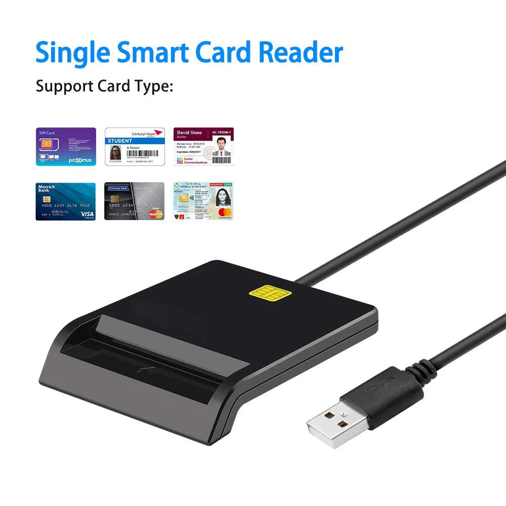 Black USB smart card reader for ID, SIM, CAC, and bank cards with ABS casing