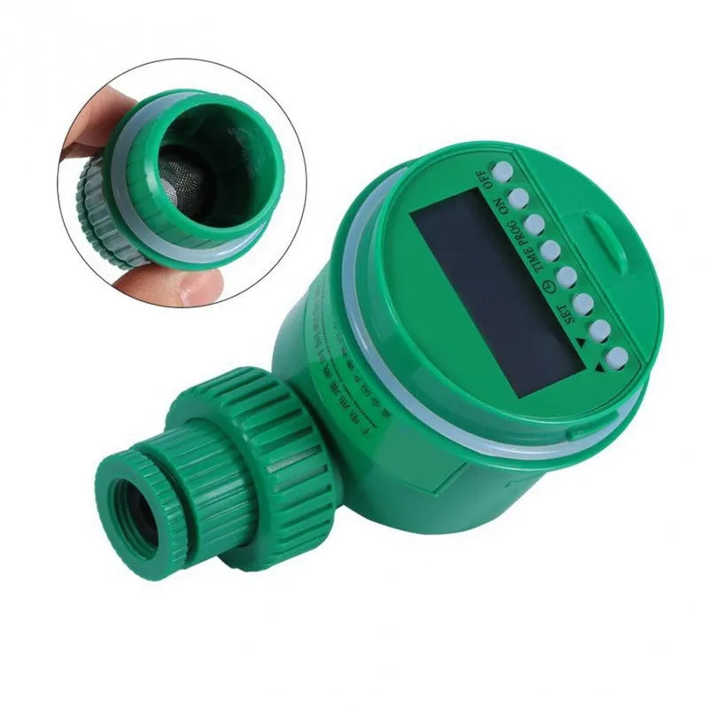 Green automatic watering timer for drip irrigation, household water flow, compact outdoor design