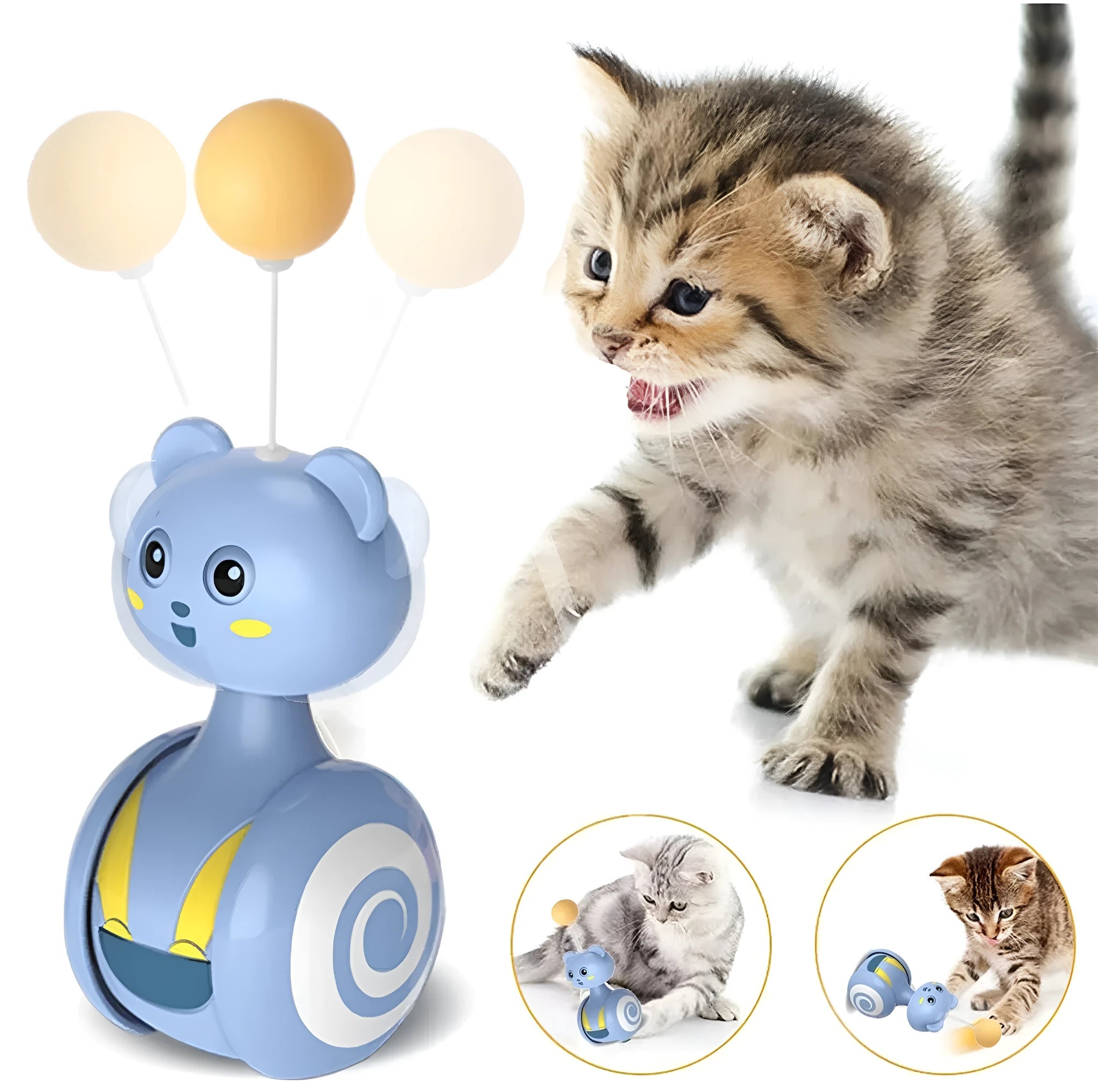 Interactive cat tumbler toy with colourful feathers and rotating ball for indoor play