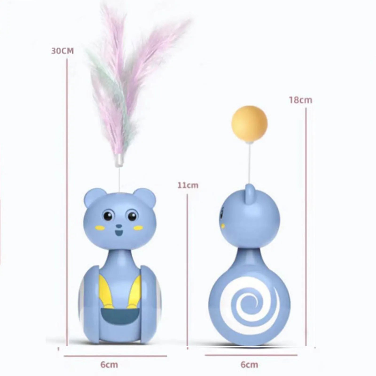 Interactive cat tumbler toy with colourful feathers and rotating ball for indoor play