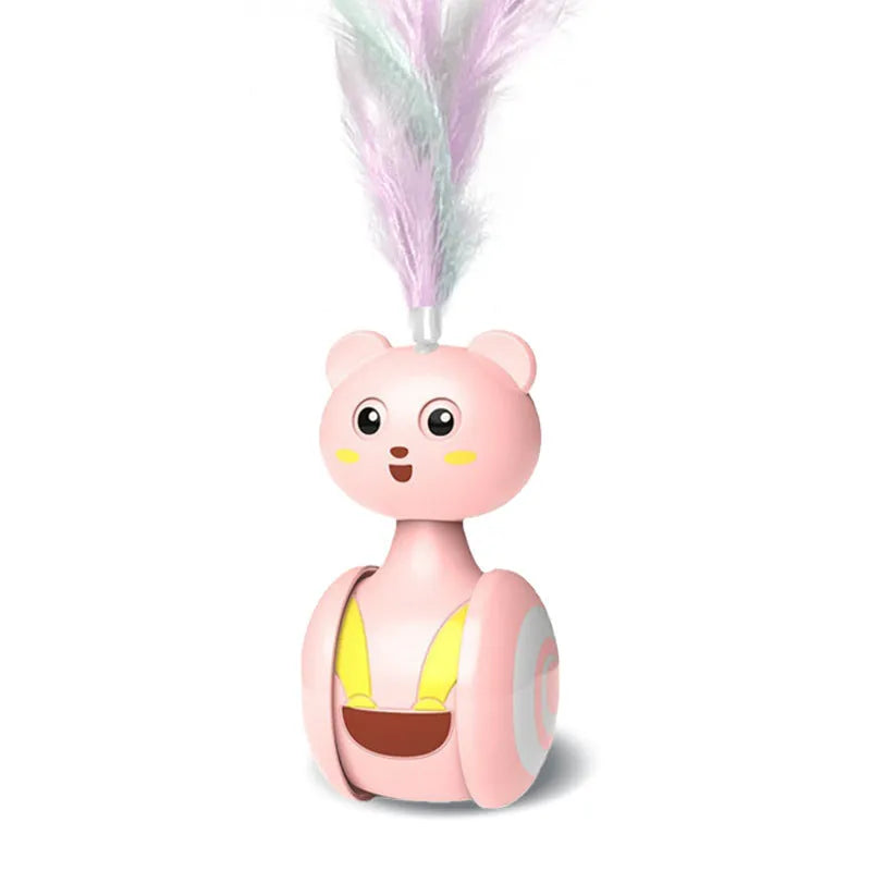 Interactive cat tumbler toy with colourful feathers and rotating ball for indoor play