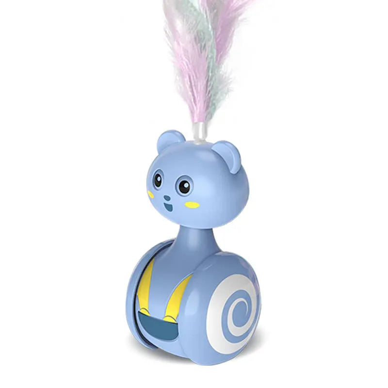 Interactive cat tumbler toy with colourful feathers and rotating ball for indoor play